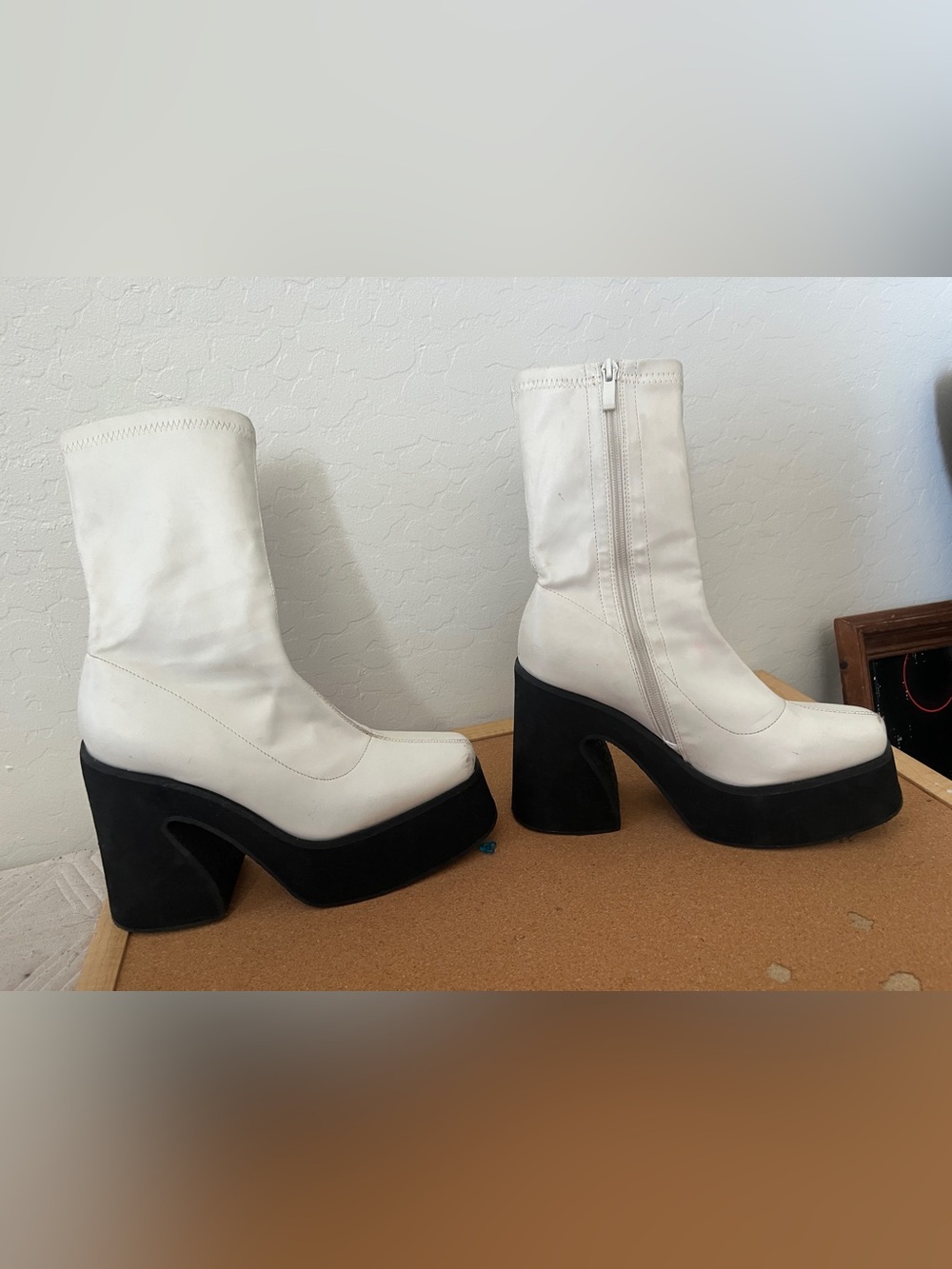 White Platform Block Heel Mid-Calf Boots